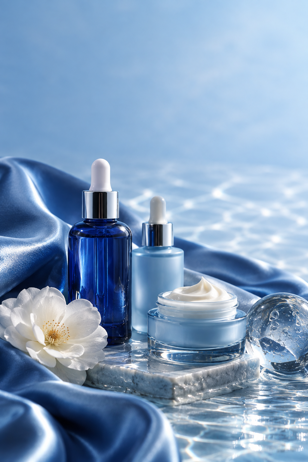Composición elegante de frascos de skincare sin marca, detalles florales y telas en tonos azules.